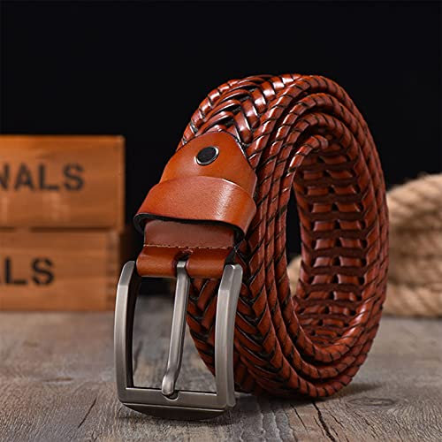 YHMX Herren geflochtene Ledergürtel, Rindsleder-Gewebe-Ledergürtel für lässige Jeanshosen mit Fester Zinkenschnalle, Vatertagsgeschenk,Yellow Brown,125cm
