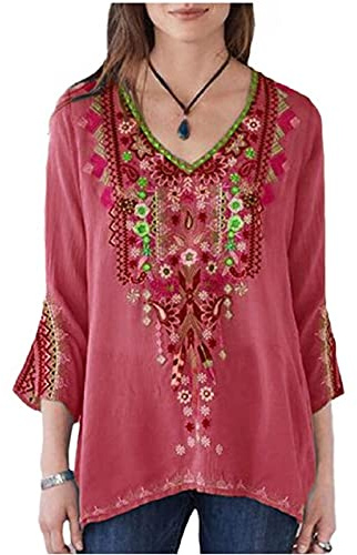 Camicia Stile Etnico da Donna Camicia a Maniche Lunghe Ricamata Creativa alla Moda Autunno Nuova Camicetta Casual con Scollo a V retrò Rosso XL
