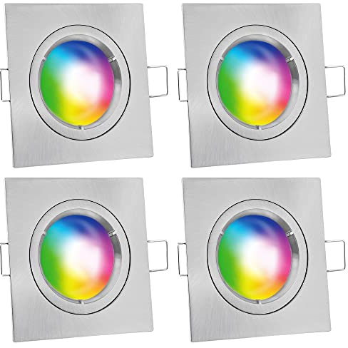 linovum 4er Set Einbaustrahler eckig gebürstet mit GU10 Smart LED Lampe RGB + CCT 230V