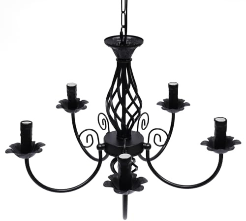 SHZICMY Rustikale 5-Licht Kronleuchter Country Vintage Kronleuchter Metall Antik Anhänger Pendelleuchte Kerze Pendellampe Schwarz für Küche Bauernhaus Esszimmer Wohnzimmer