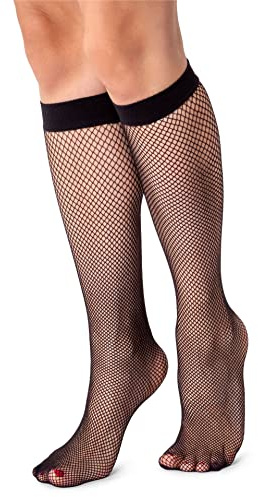 LORES Calze a rete da donna, altezza al ginocchio, modello a rombi, Eli Nero, Taglia unica