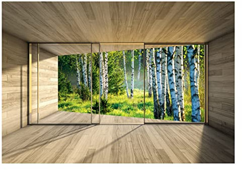 WallArena - Vlies Fototapete Fenster mit Aussicht Natur Wald Birkenwald 254x184 cm - Fototapeten - Tapeten - für Wohnzimmer Schlafzimmer - Vliestapete Wandtapete Tapete 3D Effekt- inkl. Kleister