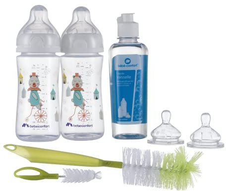 Bebeconfort Emotion Set Biberon Neonato, Include 2 Biberon da 270Ml con Tettarelle Anticolica, Sapone Liquido per la Pulizia, 2 Spazzolini per Biberon, per Allattamento e Bambini 0+