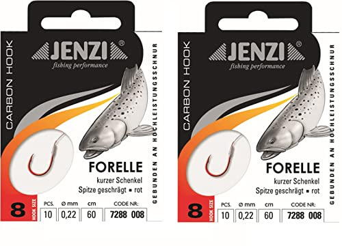 Spar-Set: 2 Packungen JENZI gebundene Forellenhaken (20 Stück) r Mono, 60cm Hakengröße 4, 6, 8, 10 & 12 je nach Auswahl + gratis Petri Heill! Aufkleber
