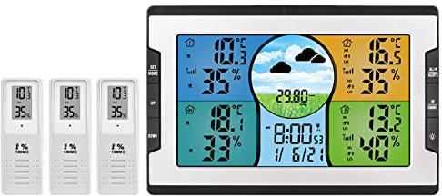 Karlak Digital Weather Station with 3 Remote Sensors, 328ft/100m Range, Indoor Outdoor Temperature Humidity Monitor, Alarm Clock, Weather Forecast, Black & Silver, Color Display