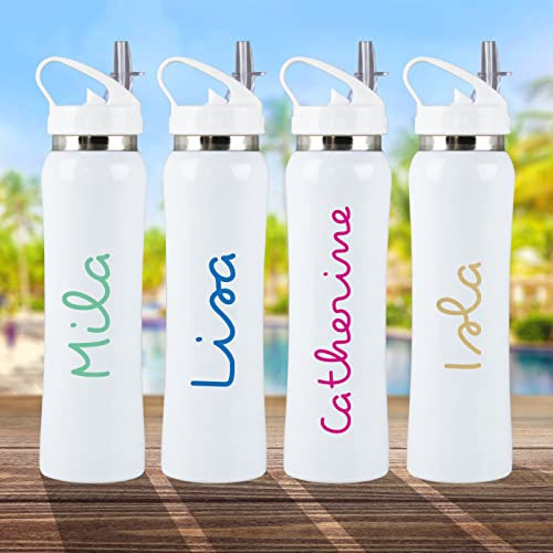 eBuyGB Personalised White Stainless Steel Water Bottle with Flip Straw - Love ANY NAME Vinyl Island Inspired Font, 800ml Metal Reusable Drinks Bottle