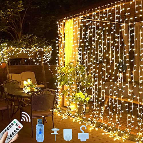 Jonurphy Lichtervorhang,Upgrade 3x3M 300 LEDs USB Lichterkette Vorhang 8 Modi mit 10 Haken Fernbedienung und Timer,Lichterkette Gardine für Weihnachten Wand Zimmer Schlafzimmer Innen Außen Deko