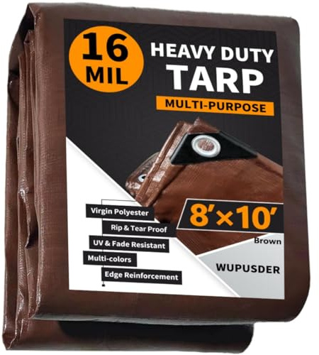 WUPUSDER Tarps Heavy Duty Waterproof 8x10ft, 16Mil Poly Tarps with Grommets, UV Resistant, Brown Multipurpose Tarpaulin with Reinforced Edges, Camping, Outdoor Coverings