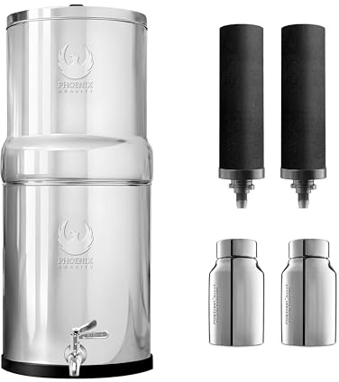 PHOENIX GRAVITY 6 Liter NSF/ANSI 42 & 372 Certified | AISI 304 Stainless Steel Water Filter with 2 Smart Carbon (Black) Filters, 2 POSTreat Steel Fluoride Removal Elements, Free Water Tap (6 L)