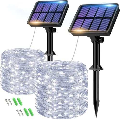 btfarm 2 Pack Solar String Lights Outdoor Garden Waterproof, Total 16M/53FT 160 LED Solar Powered Fairy Lights, 8 Modes Copper Wire Solar Lights for Patio Yard Party Christmas Cool White