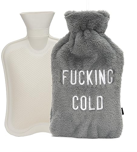 Fisura – Bolsa de agua caliente original. Bolsa de agua caliente de 2 L. Bolsa de agua calor con funda suave. Bolsa para alivio del dolor. Lavable. (F*cking cold, gris)