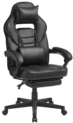 SONGMICS Gaming-Stuhl, Bürostuhl mit Fußstütze, Schreibtischstuhl mit Kopfstütze und Lendenkissen, höhenverstellbar, ergonomisch, bis 150 kg belastbar, tintenschwarz OBG073B05