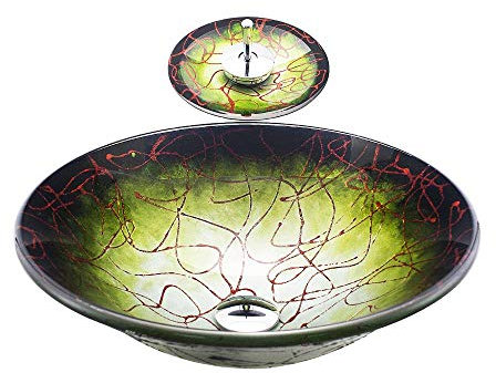 HomeLava Lavabo da Appoggio in Vetro Temperato, 450 x 450 x 135mm, Lavabo Bagno in Vetro Temperato a Righe di Colore Sfumato, con Rubinetto a Cascata （Verde）
