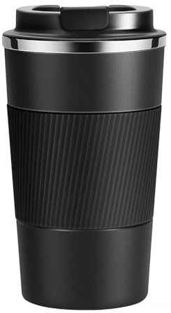 Voarge Thermobecher, Kaffeebecher mit Auslaufsicherem Deckel, Edelstahl Travel Mug, 13oz/380ml Vakuum auslaufsicher Reisebecher mit Deckel, Autobecher, für Kaffee und Tee (Schwarz)