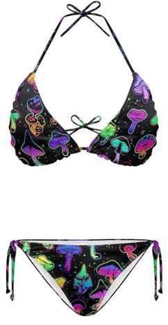 xixirimido Damen-Bikini-Set, Neckholder, zweiteilig, Bademode, Triangel-Top, String-Unterteil, Badeanzüge, Übergröße, XS-2XL, Bunte Pilze, S