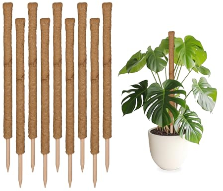 Relaxdays Kokosstäbe 10er Set, Pflanzenstäbe für Monstera, Efeutute und mehr, 90 cm lang, Kokosfaser und Holz, Natur