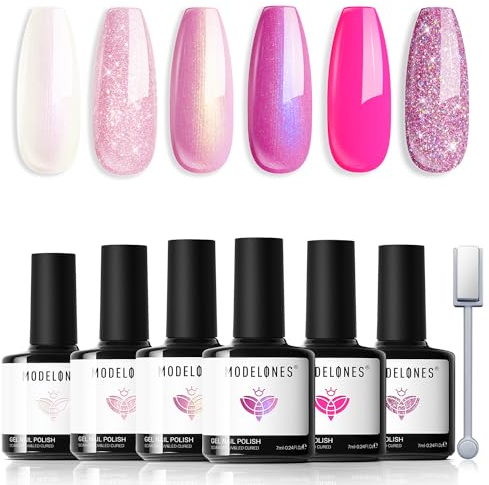 Modelones UV Nagellack, 6 Farben Cat Eye UV Gel Nagellack, Weiß Rosa Glitzer Magnet Serie Soak Off Nail Polish French Manicure DIY