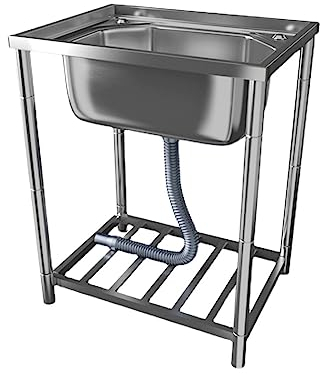 DIIDIIFF Edelstahlspüle, Küchenspüle, Freistehende Spüle mit Warm- und Kaltwasserhahn, Eckventil, Abfluss, Abtropffläche, Geeignet für Küche, Hotel, Werkstatt, Garten, Restaurant, Outdoor