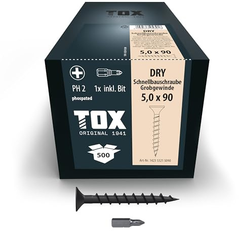 TOX Schnellbauschrauben DRY GG 5,0 x 90 mm, 500 Stk. | Schwarz phosphatiert, Trompetenkopf, Grobgewinde, für Gipskarton auf Holz, PH2, inkl. Bit, 142353215090