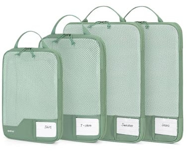 ECOHUB 4-Teilige Kompression Koffer Organizer, Packing Cubes mit Tag, Recycelten Packwürfel Set für Rucksack & Koffer, Maschenverstärkung Packtaschen für Koffer, Reise Organizer, Patent Anhängig(Grün)
