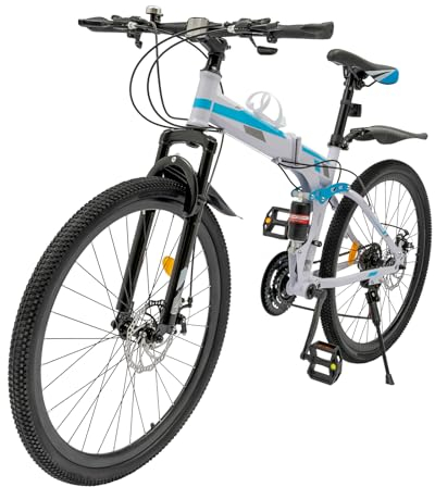 Taozhiyy 26 Zoll Faltrad Mountainbike, Scheibenbremse, 21 Gang Schaltung Faltrad mit Becherhalter & Schutzbleche, Fully MTB für Jungen, Mädchen, Damen & Herren, Weiß- Blau