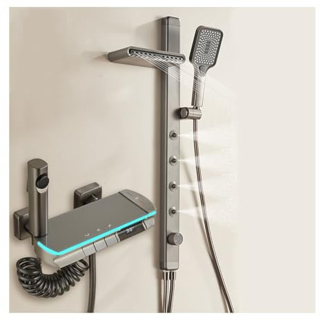 SWHC Colonna Doccia, LED Display Digitale Kit Doccia 5 Funzioni Set Doccia Colonna Doccia con Miscelatore Cascata, Spray per Spalle, Spray per la Schiena, Soffione Doccia, Doccetta per Bidet