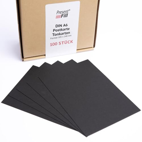PresentFill® - blanko Postkarten Tonkarton Schwarz, Papier-Karten Set 100 Stück 210 g/m² -DIN A6-105 x 148 mm zum Selbstgestalten, beschriften oder bedrucken als Bastelkarton, Karteikarten