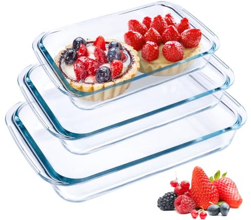 MUUKAIII Moldes rectangulares de cristal, 3 unidades, 1 + 1,5 + 2 l, para lasaña, grandes, de cristal, para asar en el horno, apto para microondas