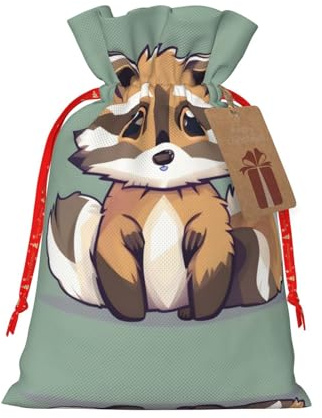 HJLUUFT Jutebeutel mit süßem Waschbär-Motiv, Weihnachtsgeschenktasche mit Kordelzug und Geschenkanhänger, für Hochzeit, Weihnachten, Party