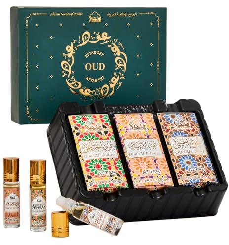 Oud Attar Oil Set by Dukhni | Arab perfume oils for men and women | 3 assorted roll on perfume scents x 6ml | Arabic oudh oil fragrances | Eid, Ramadan Gift Set, Halal & Vegan Islamic Fragrances