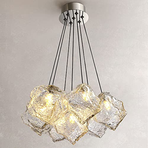 7-Lights Large Dining Room Chandelier Over Table Crystal Glass Chandelier Lamp Ice Cubes Bubble LED Ceiling Pendant Light Art Deco Entryway Chandelier for Living Room Bedroom