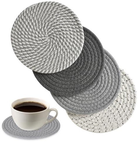 Juego de 4 Posavasos para Bebidas, Posavasos Antideslizantes, Redondos, Protección de Mesa, de Algodón Trenzado para Bebidas, Bar, Tazas, Grandes Regalos de Inauguración de La Casa (Gris)