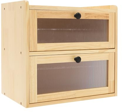 Grande boîte à pain rectangulaire en bois à double couche avec portes magnétiques et fenêtre de visualisation, imperméable et résistante à la moisissure, pour pain, petits pains (couleur bois)