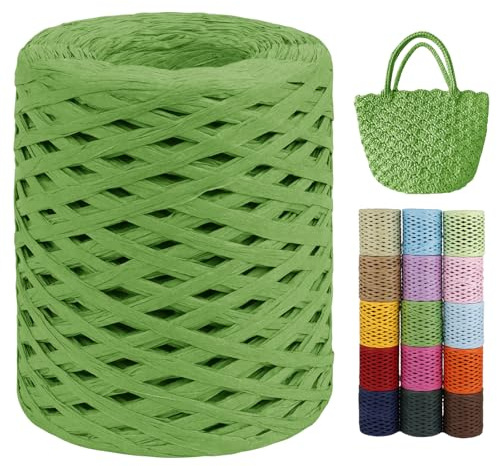 LEREATI Raffia Garn zum Häkeln von Taschen, 3mm x 200m Flach Papierdraht Bast Band Natur Paketschnur Papiergarn Raffia Bast zum Häkeln Handtasche, Körbe, Hüte, Geschenkverpackung (Grün)