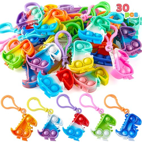 JOYIN 30 PCS Party Bag Fillers for Kids, Dinosaur Pop Fidget Kerings Mini Fidget Toys for Kids, Poppet Fidget Toy Stress Relief Squeeze Keychain Toys, Party Favors Gifts for Boys and Girls