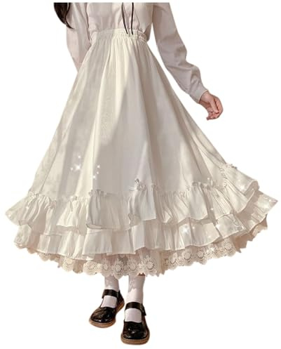 Mini Faldas Tallas Grandes Mujer Color Sólido Cintura Alta Estilo Japonés Estilo Lolita Dobladillo Volantes Lindas Faldas Largas Metálicas Niños, Blanco, M