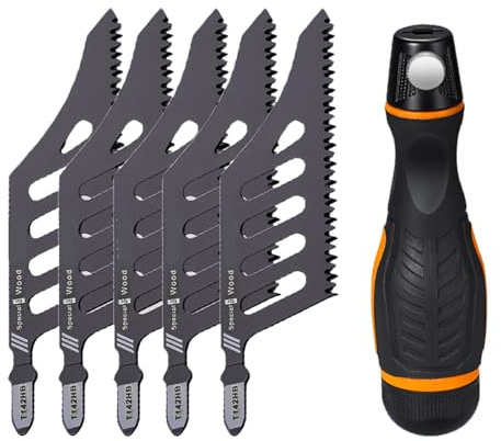 Yanmis 5pcs Lame de Scie Sauteuse de Coupe Affleurante, Lames de Scie Sauteuse à 3 Dents Face avec Poignée, Lames de Scie à Courbe Irrégulière pour Couper les Cloisons Sèches, Métal,