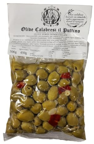 Olive Verdi Denocciolate Calabresi 500 g – Condite in Olio di Girasole con Erbe Aromatiche, Aglio, Peperoncino e Finocchio – Ricetta Artigianale Tradizionale della Calabria Il Puttino