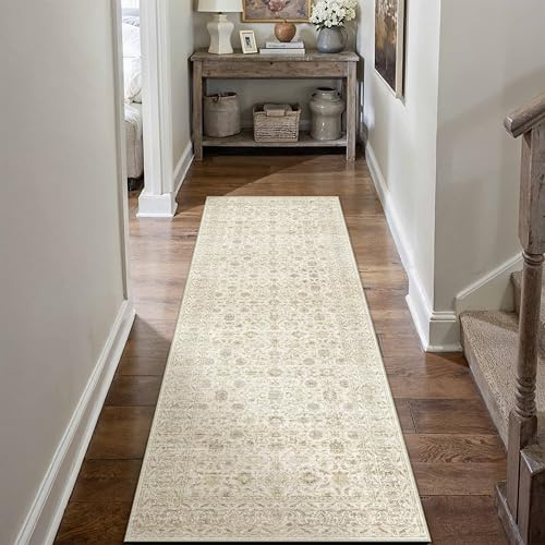 PureCozy Vintage Beige Tappeto Cucina 60x180cm Passatoia Corridoio Antiscivolo Lavabile Scendiletto Camera da Letto Sala Ufficio Lungo Carpet Pelo Corto Morbido Rug