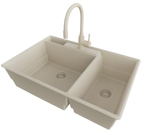 PRIMAGRAN Lavandino da Cucina Beige 78x53cm, Lavello in Granito a 2 vasche + Rubinetto 38x14cm + Sifone Classico, Lavabo Incasso al mobile 80cm - Parigi
