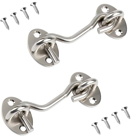 Ldzzuo 2Pcs 3 Inch Hook and Eye Latch, Gate Hooks, Stainless Steel Cabin Hooks, Door Latches for Internal Door Locks, Gate Latch for Wooden Gates, Door Catch - Silver