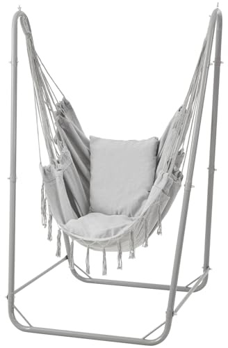SELFLA Silla Colgante en U con Soporte, Silla Colgante de Acero Resistente con Soporte para Interior y Exterior, Base Estable, Capacidad 100 kg, Montaje fácil - Gris