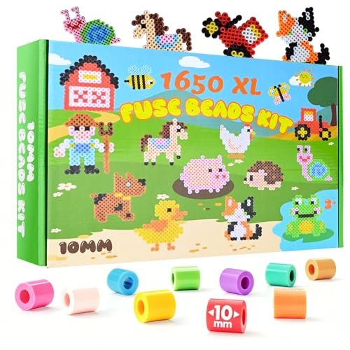 Kit Perline da Stirare 10 mm Grandi, 1650 Pezzi Perline da Stirare con 48 Accessori Diy Fai da Te, Tema Fattoria Giocattolo Educativo per Bambini da 3 Anni, Regalo per Natale/Pasqua/Compleanno