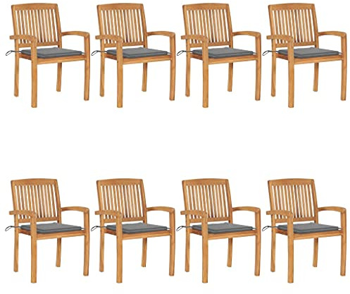 Mokuyary Stapelbara trädgårdsstolar med kuddar, set om 8, massivt trä, teak, balkongstol, terrassstolar, matstolar för terrass, trädgård, balkong – A