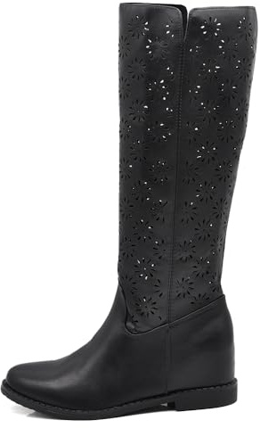 IF Fashion Stivali Alti da Donna Con Zeppa Interna Traforati Primaverili Estivi Pelle Sintetica JH22-21 nero N.40