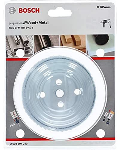 BOSCH Bi-Metal Hole Saw (for Wood and Metals, 8% Cobalt Alloy, Progressive Tooth Design, Ø 105 mm, Accessory Drills)