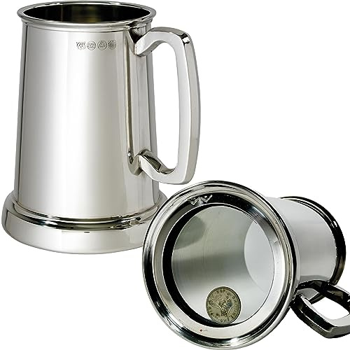 I LUV LTD Estaño Jarro 1 Pinta Plano Chelín del Rey con Función Touchmark Puro Pesado Indicador Cerveza Jarro Posibilidad de Grabado Regalos Personalizados para Hombres y Mujeres