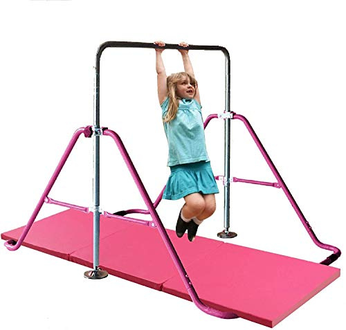 JungleKids Expandable Gymnastics Monkey Bar 2x6 Tumble Mat Adjustable Horizontal Bar Climb Kip Balance Bar Tower Junior Training Pink
