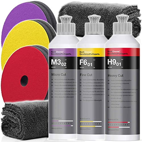 detailmate Koch Chemie Politur Set: KochChemie Micro Cut + KochChemie Fine Cut + KochChemie Heavy Cut Politur (je 250ml) + 3 passende KochChemie Polierpads + 2 detailmate Mikrofasertücher, 550GSM