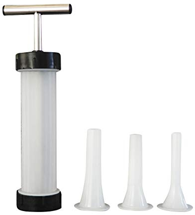 Rellenador de salchichas manual pequeño, fabricado en PP de grado alimentario para cocina. Inyector de salchichas caseras con 3 boquillas de diferentes tamaños para casa, snack bars, cafeterías